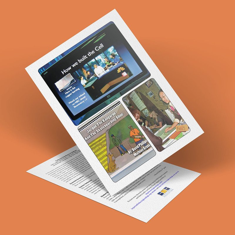 A tilted sheet displays images of educational scenes infused with cultural solutions. One image features a cell-building video, another depicts a person with technology, and the last shows people collaborating on a project. Document text is visible in the background.