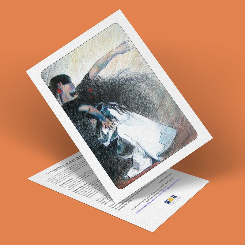 An illustration from the Creative Masters Project depicts a dancer on paper. The dancer, in motion with a black top and white skirt, extends one arm upwards. The paper is tilted, revealing text beneath the artwork, set against an orange background.