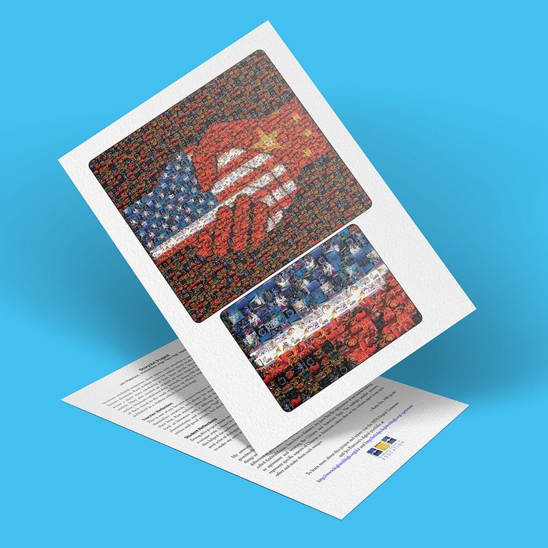 A printed document showcasing an art project: a collage of a handshake with USA and China flags, crafted from a mosaic of smaller images. The solid turquoise background adds depth to this visual story.