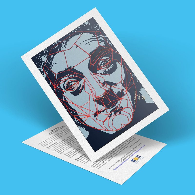 A Calculicious tilted card showcases abstract line art of a face with red geometric accents on a dark background. Positioned against a bright blue backdrop, it rests atop a white sheet containing text.