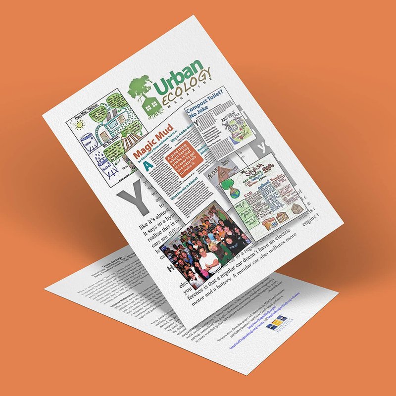 A flyer titled Urban Ecology showcases articles like Magic Mud and Community Talk. It features vibrant illustrations and a group photo set against an inviting orange backdrop, celebrating the harmonious blend of urban life and nature.