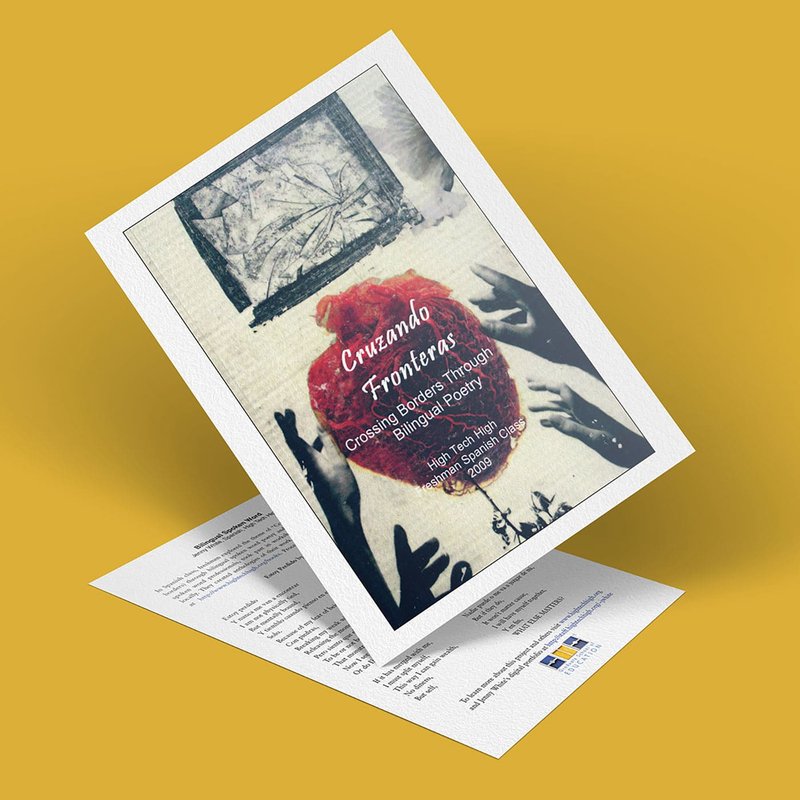 A bilingual poetry and spoken word event flyer titled Cruzando Fronteras, featuring hands reaching upwards, a rose, and a framed picture. Join us on April 27, 2020, at 6:30 PM. The flyer stands out with a striking mustard-colored background.