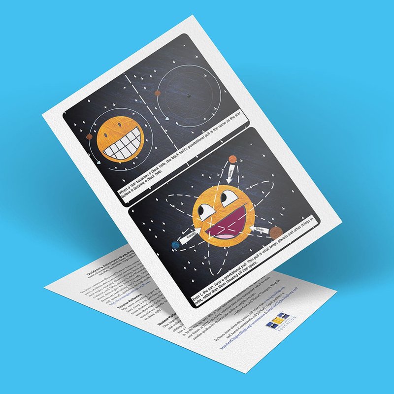 An illustrated pamphlet on a blue background showcases two cartoon planets with faces. The top planet looks happy with a wide grin, while the bottom one appears curious, with a red mouth and raised eyebrows. This delightful piece resembles pages from a childrens astronomy book, complete with text and diagrams.