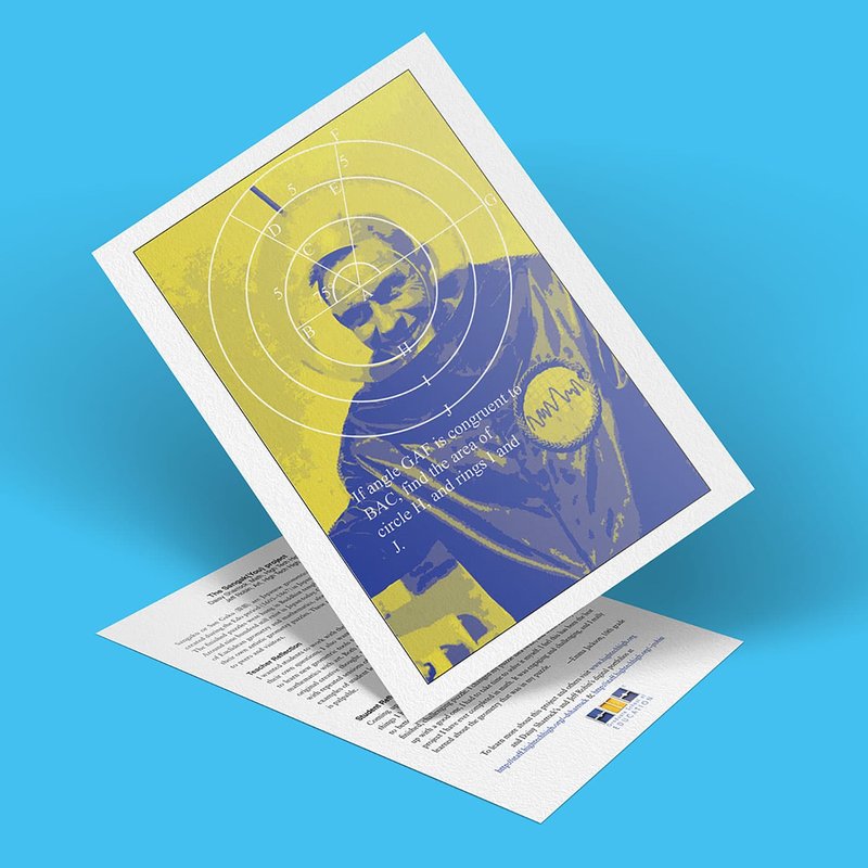 A stylized flyer with a vintage photo in blue and yellow tones showcases a person with a target overlay. Text beneath the image and extra page details are visible, inviting you to explore further. The projects backdrop is a solid blue, adding depth to the design.