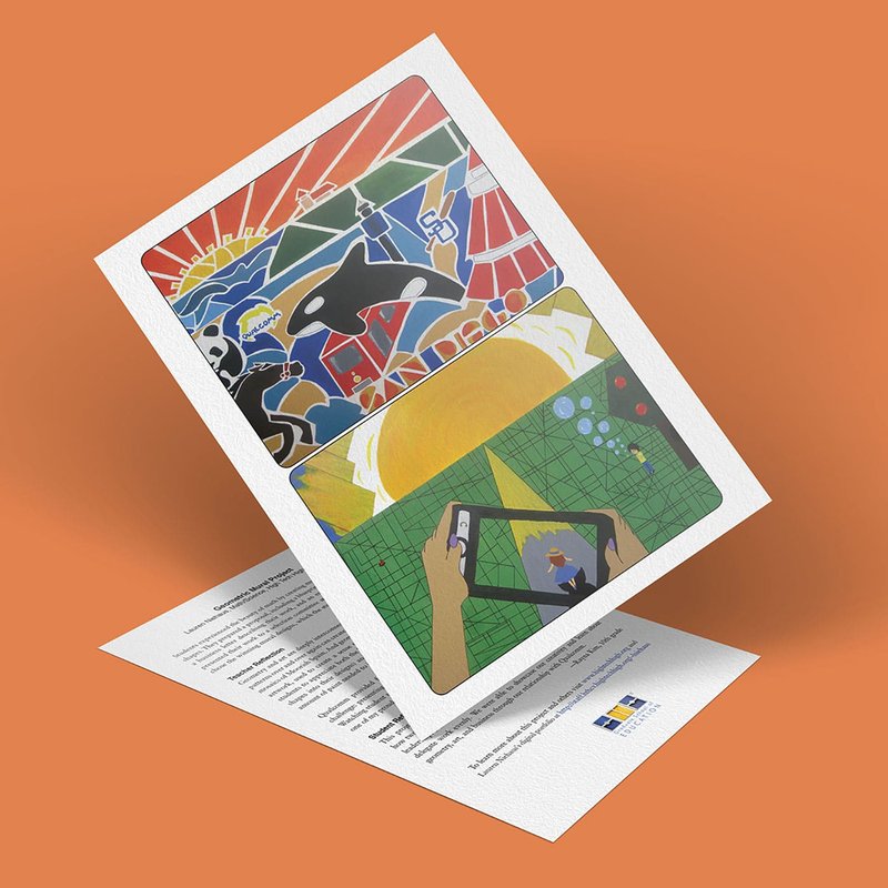 A colorful, abstract artwork displayed on a tilted sheet of paper showcases vibrant scenes like an orca and a person holding a phone. This geometric design leaps off the solid orange background, reminiscent of an ambitious mural project in a compact form.