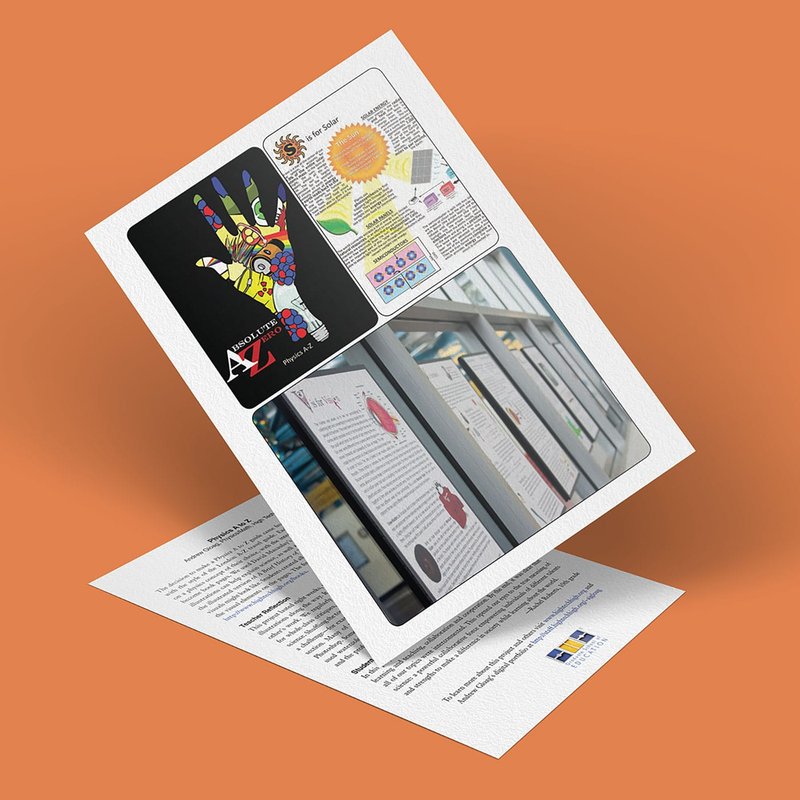 A 3D rendering of two overlapping sheets of paper on an orange background. The top sheet, inspired by physics, features colorful graphics like a robotic hand and a sun. The bottom sheet includes text and images resembling an A to Z publication or brochure layout.