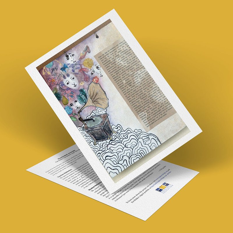 A tilted illustration on a card depicts an illuminated person holding their head, surrounded by colorful flowers and abstract designs. Text accompanies the image. Another card is partially visible underneath on a yellow background, resembling pages of creative journals.