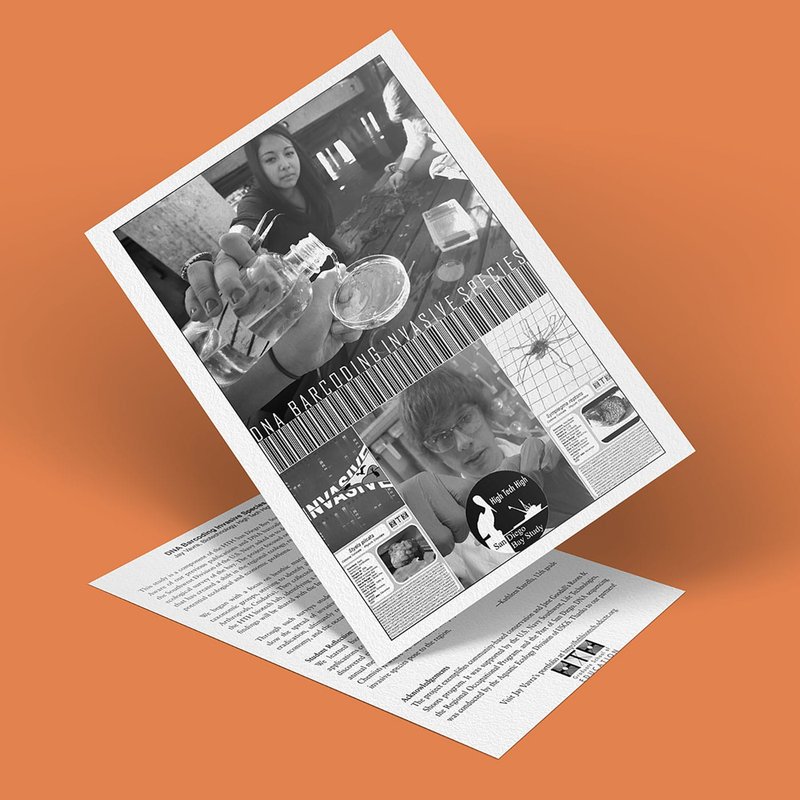 A stylized flyer is displayed against an orange background, showcasing a black and white design intertwined with DNA barcoding motifs. Images of food, people, and nature blend seamlessly with text and graphics, creating a modern and creative layout that subtly nods to the issue of invasive species.
