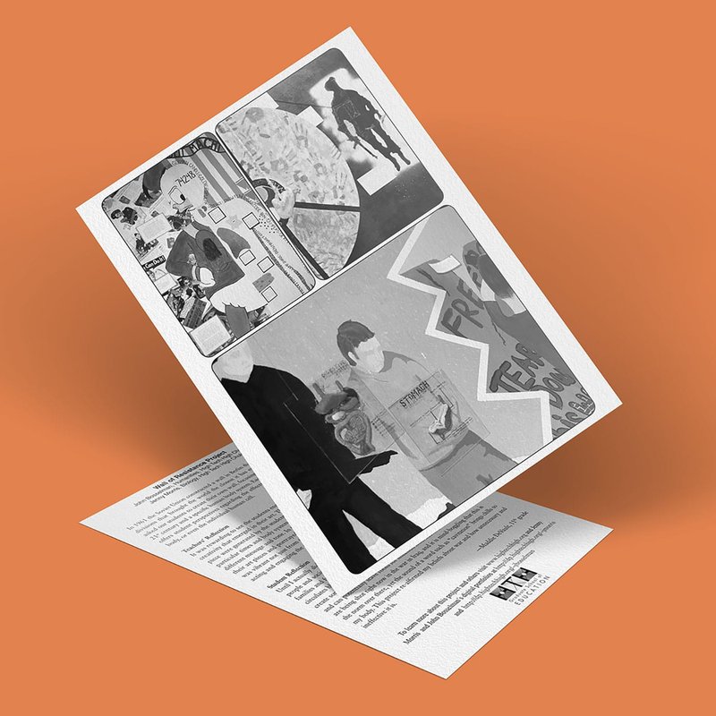 A tilted black and white illustrated card on a peach background showcases abstract art with people, text, and various shapes. This unique piece is part of the Resistance Project and includes a partially visible handwritten note on the back.