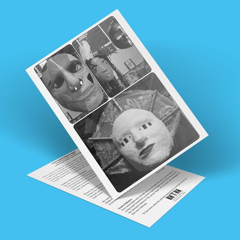 A flyer on a blue background showcases black and white images of diverse masks, including a skull mask and artistic designs. Titled Inner Nature Project, the text is elegantly printed on the tilted flyer, subtly revealing glimpses of the back page content.