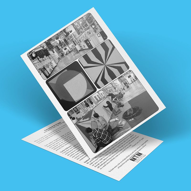 A brochure featuring images of a modern art gallery with geometric and conceptual art panels, where people observe the innovative displays. The compelling design is set against a solid blue background.