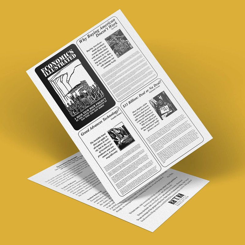A newsletter on a yellow background features bold headlines and vibrant images, offering an illustrated dive into economics. The main headline reads Economics Explained, with articles titled Why Buy American Doesnt Work and Great Advances: Technology.