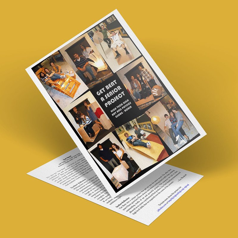 A folded flyer on a yellow background with a collage of photos. The flyer reads, Get Bent: A Senior Project and Bachelor of Fine Arts Graphic Design | Spring 2023. It features students working on various projects and tools.