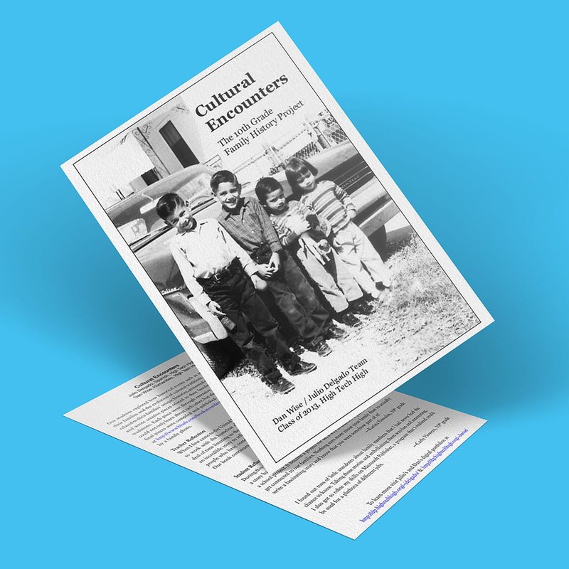 The booklet Cultural Encounters: The 10th Grade Family History Project showcases a black-and-white photo of four children standing in front of a car, set against a light blue background.