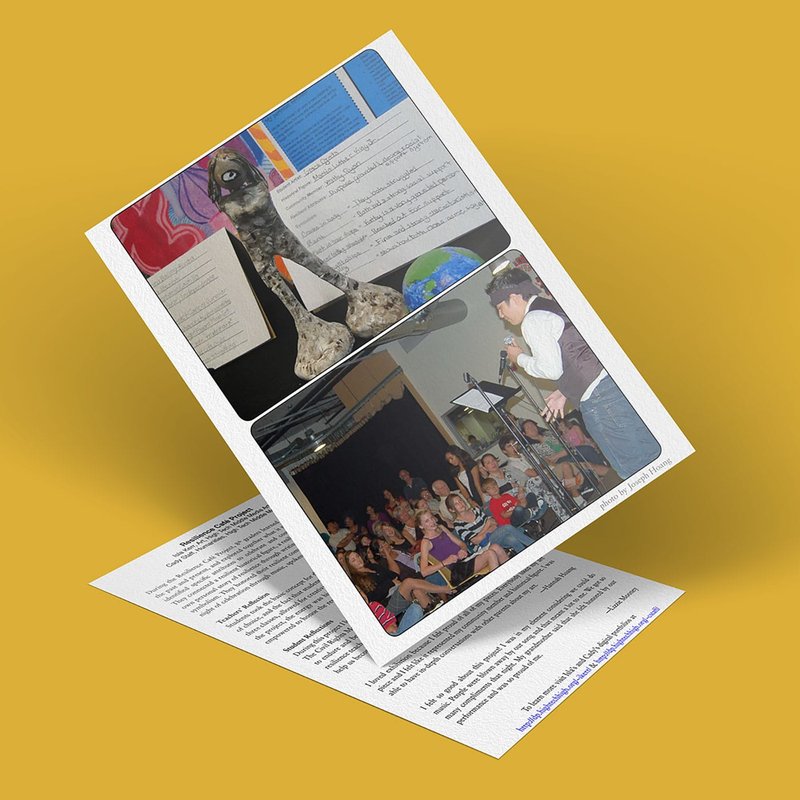 A brochure with a yellow background showcases two sections: one highlighting an art display rich in resilience through colors and textures, the other capturing a person speaking to an audience in a dimly lit room. Various text details accentuate the brochures narrative.