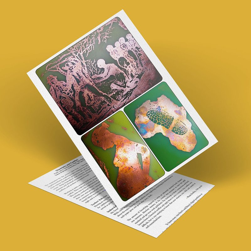 A folded brochure stands open with artworks on the cover, reminiscent of chemistry experiments blending abstract and vintage images in earthy tones. The background is a solid mustard yellow.
