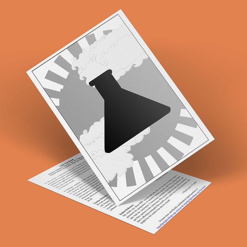 A poster featuring the black silhouette of a laboratory flask emitting white smoke against a gray background with clock-like white dashes. Titled Life: The Book, it stands diagonally on text-covered paper, set against a warm brown backdrop.