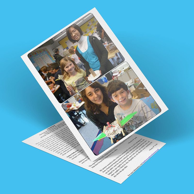 A photo collage on a tilted card against a blue background. The top image shows a teacher with a student, and the bottom image shows an adult with a child. Both pairs are smiling, engaging in a classroom activity.