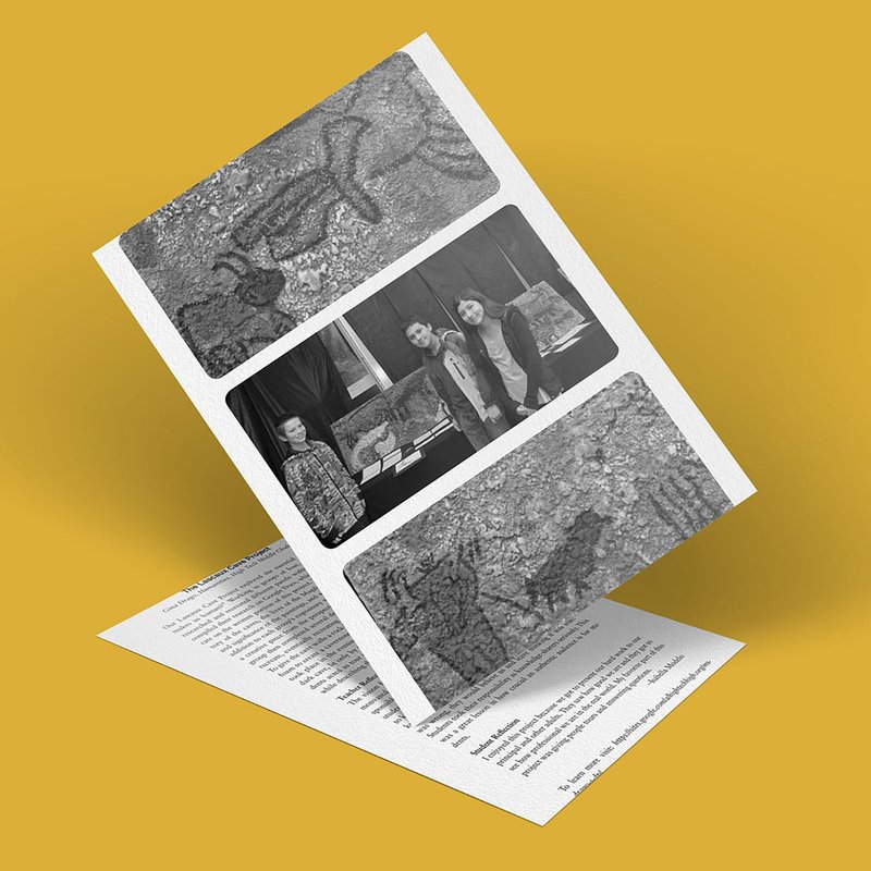 A flyer showcasing gray-toned images of three individuals near artwork inspired by Lascaux Cave. The mustard yellow background sets a striking contrast. The flyer, tilted at an angle on a larger page with black text, features artwork that resembles textured animal sketches, capturing the essence of the project.