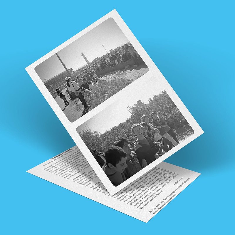 Two black-and-white photos on a piece of paper against a blue background. The top image shows a crowd near a tower, reminiscent of stories often shared on podcasts about immigration. The bottom image features people gathered in a grassy area. Handwritten text is partially visible.