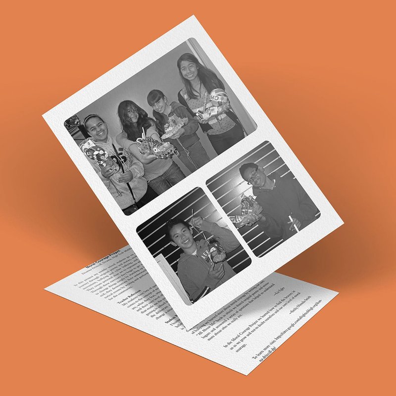 A greeting card displayed against an orange background. The card features three black and white photos of people showcasing gifts, exemplifying moral courage. One group photo is above two smaller individual photos. Text is visible on the cards interior.