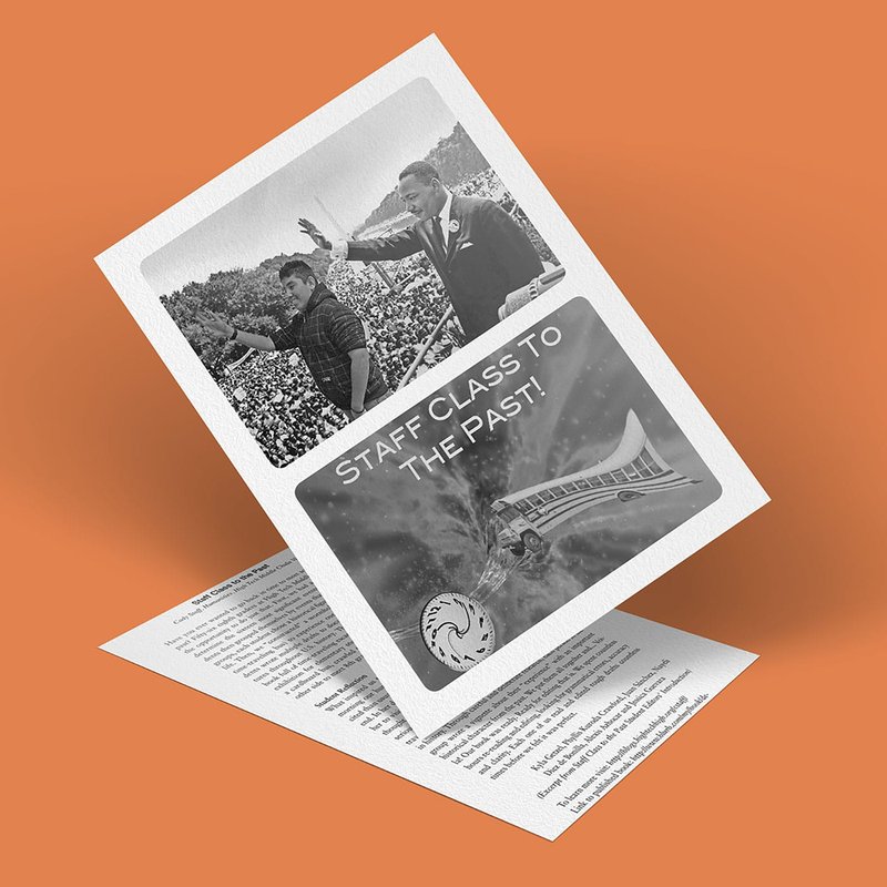 A brochure titled Staff Class to the Past! features a black-and-white photo of two people waving to a crowd. Set against an orange background, the pages vividly capture text and an image of a ship, evoking nostalgia for voyages in days gone by.