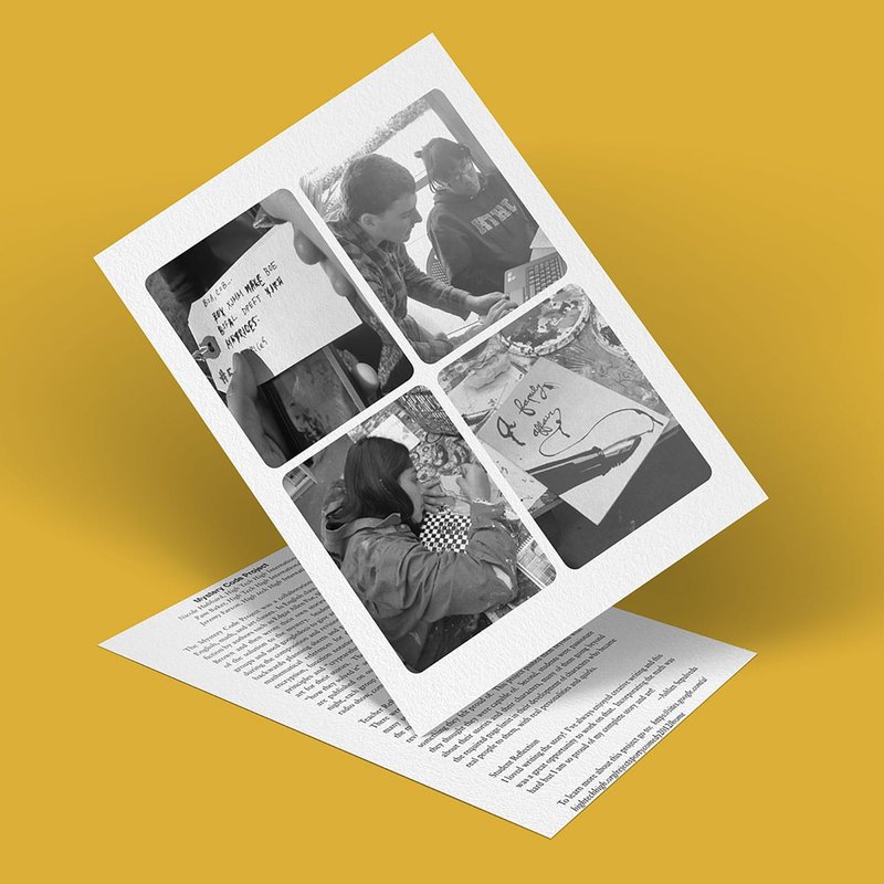 This 3D card unfolds to reveal the enigmatic world of the Mystery Code Project, showcasing four black-and-white photos of people immersed in writing and drawing. Set against a vibrant yellow background, the text adds intrigue to this captivating project.