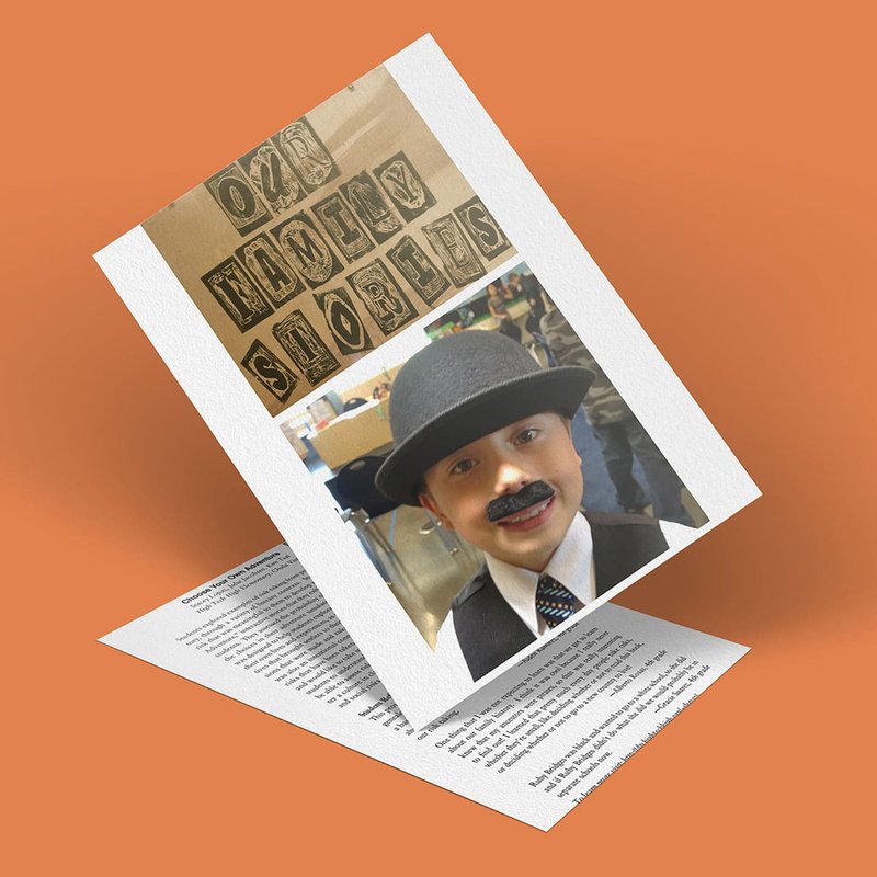 A child dressed in a suit and hat with a painted mustache poses for a photo, resembling a character from a Choose Your Own Adventure tale. Above the child, text reads Our Handy Shorties in collage style, set against an orange background as part of a layered presentation.