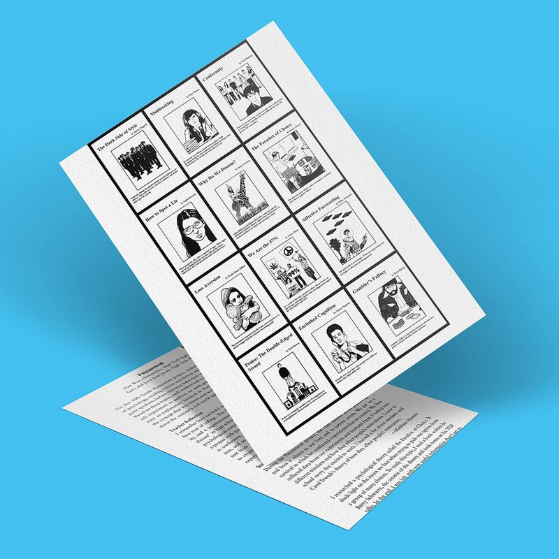 Two sheets of paper with black and white comic strips on a blue background. Each sheet includes multiple panels with various illustrations and captions depicting humorous situations. The comics are arranged in a grid format.