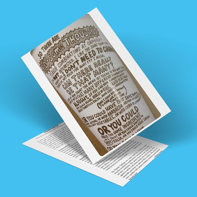 A Chipotle cup on a white paper features various styles of brown text, discussing the challenge of creating flavorful combinations of ingredients. The cup stands out vividly against a bright blue background.