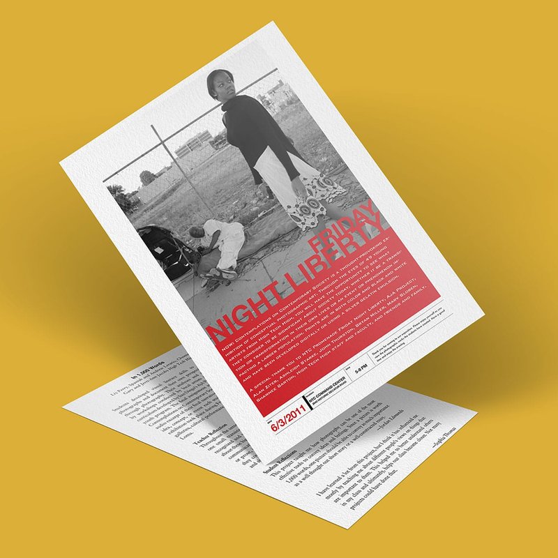 A flyer titled Friday Night Liberty with bold red letters showcases a black and white image of two people, one standing and one sitting, near a fence. Text details the event dated 6/3/2011, with additional information in smaller print. The scene captures a moment worth a thousand words.