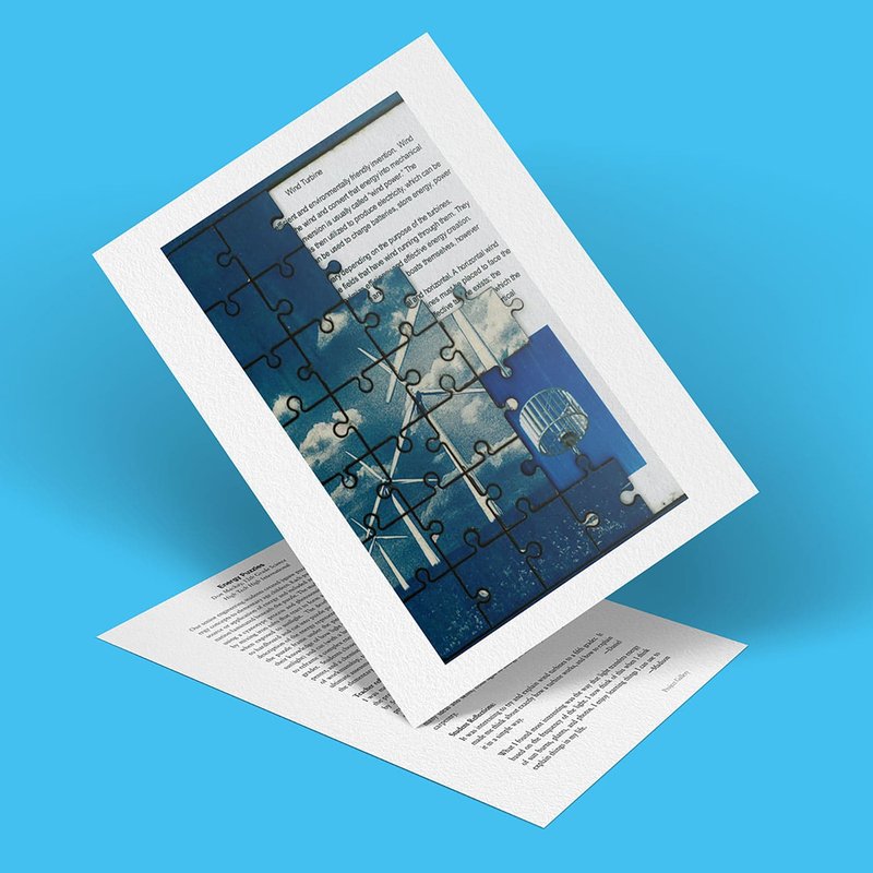 A partially completed jigsaw puzzle depicting a sky and clouds rests on a blue background, exuding an aura of serene energy. It’s mounted on a page with text, with another text page peeking from underneath.