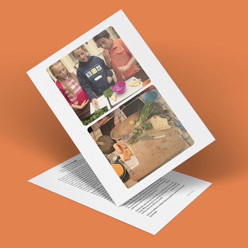 A photo of two vertically arranged images on textured paper showcases healthy choices. The top image captures three children cooking together, fostering a thoughtful approach to food. The bottom image displays a wooden board with various ingredients and utensils. The paper rests on an orange surface.