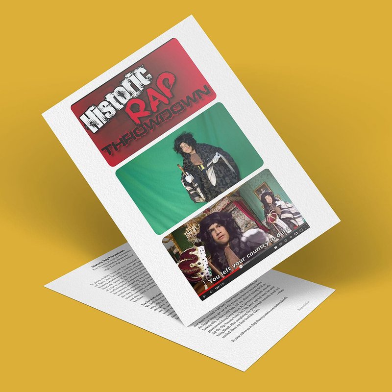 A brochure titled Historic Rap Throwdown features images of a man in historical costume set against green and red backgrounds, with the words You let your country visible. The intriguing design stands out vividly on a yellow surface.