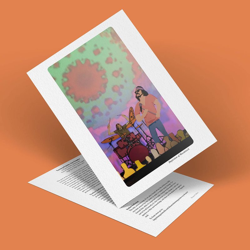 An illustrated card showcases a drummer and guitarist on stage, set against a colorful, psychedelic backdrop. The scene evokes the drama of a Toy Theatre production. Displayed at an angle on an orange surface, the card captures the turning points of a vibrant musical journey.