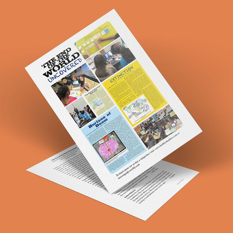 A magazine page titled The End of the World Uncovered showcases images of people, maps, and articles about geographic themes and world events. The page is set against a solid orange background.