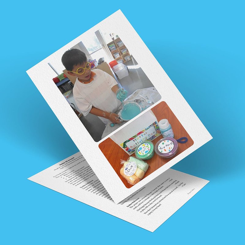 A child wearing goggles mixes blue slime on a sheet, exploring the matter all around. Below, a photo shows slime-making ingredients on a table, complete with containers and colorful labels. The images are placed on slightly tilted paper with a blue background.