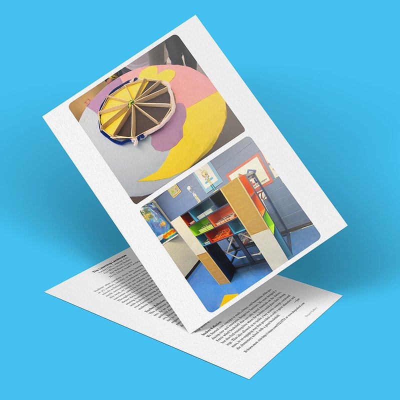 A creatively designed flyer features images of a vibrant classroom and a circular wall decoration, all set against a serene blue background that evokes an inspiring landscape for learning.