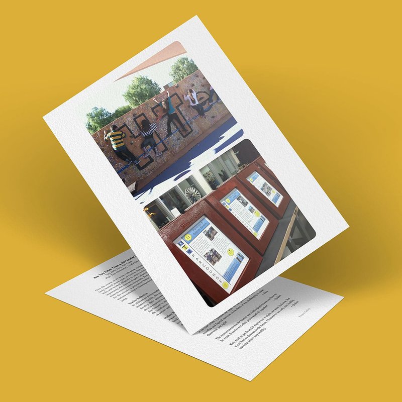 A modern, tilted white photo frame showcases two images: one of a colorful outdoor mural filled with vibrant activity reminiscent of a 5th graders creativity, and another displaying an informational diagram. The solid mustard yellow background adds an energetic touch.