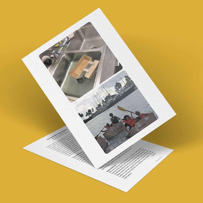 A 3D-rendered display of two photographs set against a yellow background evokes a whimsical odyssey. The top photo showcases boats in a sink, while the bottom captures 9th-grade students paddling cardboard vessels in water, blending adventure with creativity.