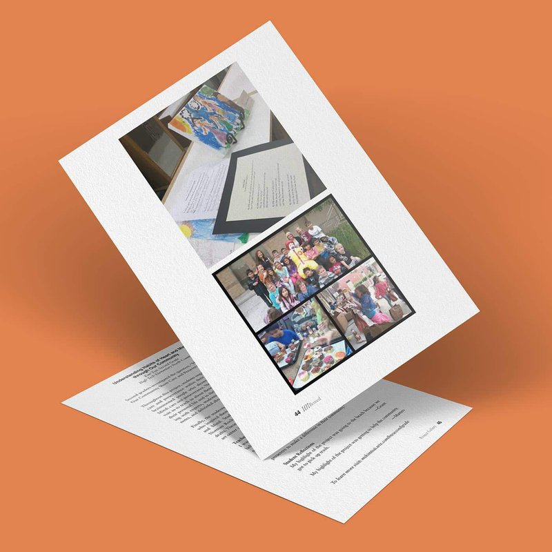 A photograph of printed images on a paper laid out on a peach-colored surface. The images include a colorful pencil case, documents, a group of people posing with heartwarming smiles, and a variety of food items on the table that evoke mindful habits.