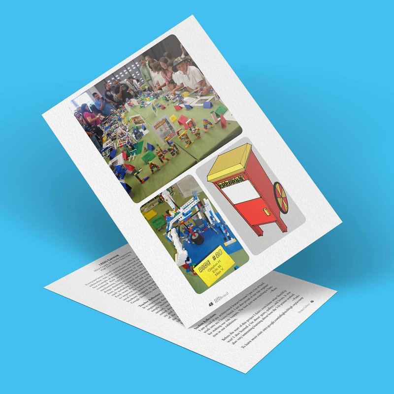 A magazine page features vibrant photos of people working with colorful LEGO building blocks, a display with small structures, and a toy vending machine reminiscent of a carnival. The background is a bright blue.