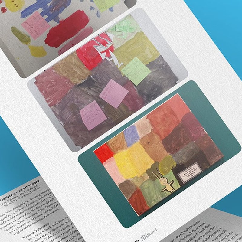 A magazine page displayed on a blue background showcases an intriguing art project featuring three abstract paintings. Each piece tells a story through colorful, overlapping shapes adorned with sticky notes. A newspaper peeks out from beneath, adding to the creative narrative.