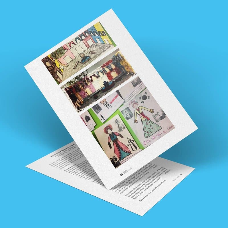 A brochure on a blue background showcases colorful drawings of buildings, people, and artistic designs, re-inventing Romeo and Juliet in vibrant illustrations. Text and captions accompany the artwork, while another brochure peeks out from underneath.