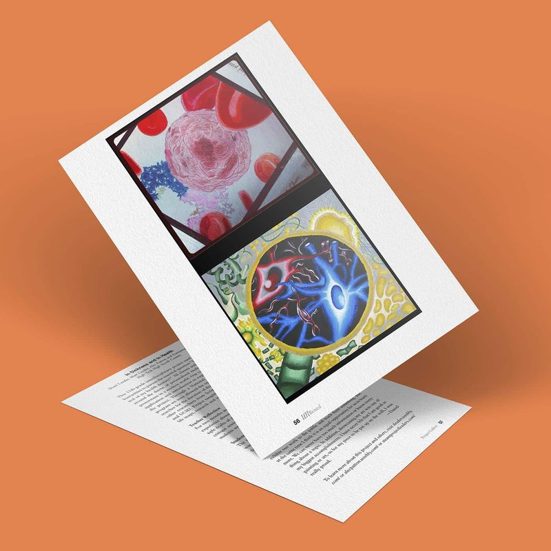 A floating magazine displays abstract art: the top image, with cell-like shapes in red and blue, evokes themes of health, while the bottom image bursts with vibrant blue and yellow forms. Set against a solid orange background, these artworks captivate the eye.