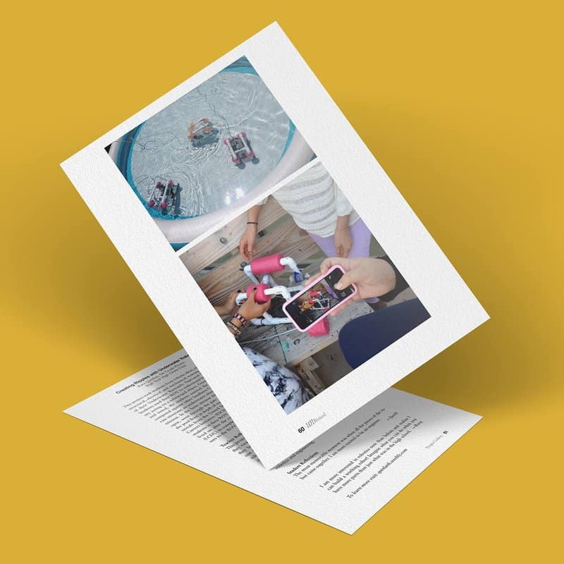 Aerial view of two photos on a yellow surface. The top photo captures hands with a smartphone and a pink holder, filming a pool where toy underwater robots are creating ripples. The bottom photo is partially visible, featuring printed text.