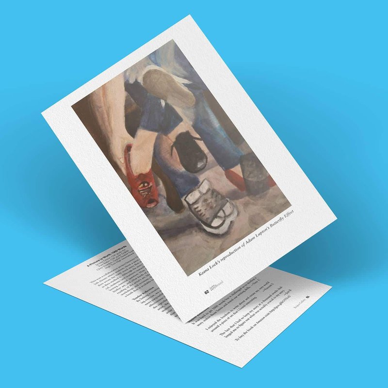 A minimalist picture featuring several shoes, including a red sneaker and formal black shoe, on a textured surface. The image is overlaid on white paper against a blue background, casting shadows for a three-dimensional effect—truly worth 1000 words.