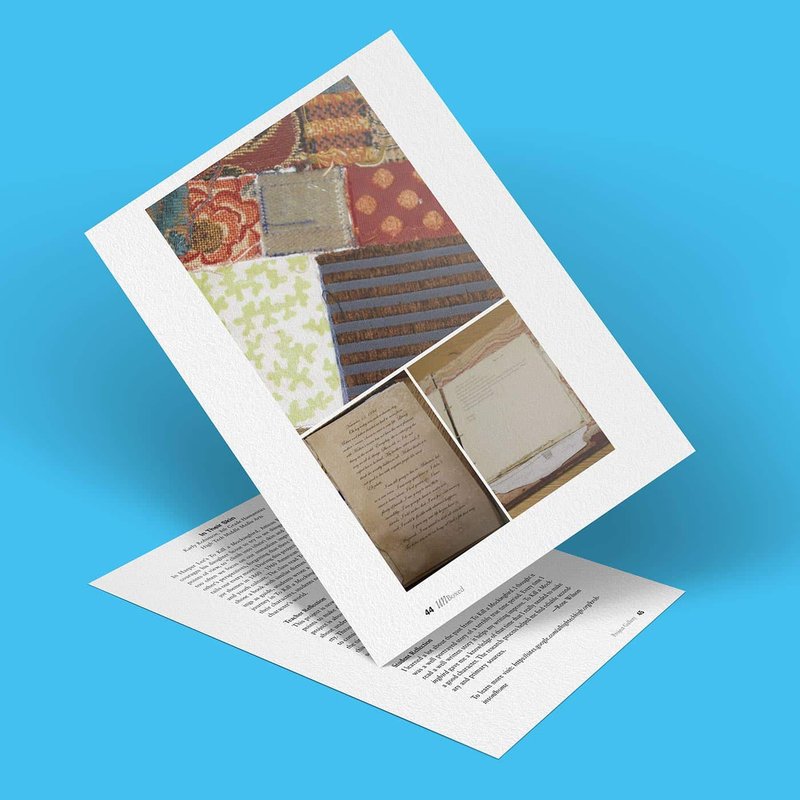 A card is shown on a blue background, featuring In Their Skin textured patterns and script. It includes fabric swatches in various colors and designs, handwritten text on parchment, and typewritten text on separate sheets beneath it.