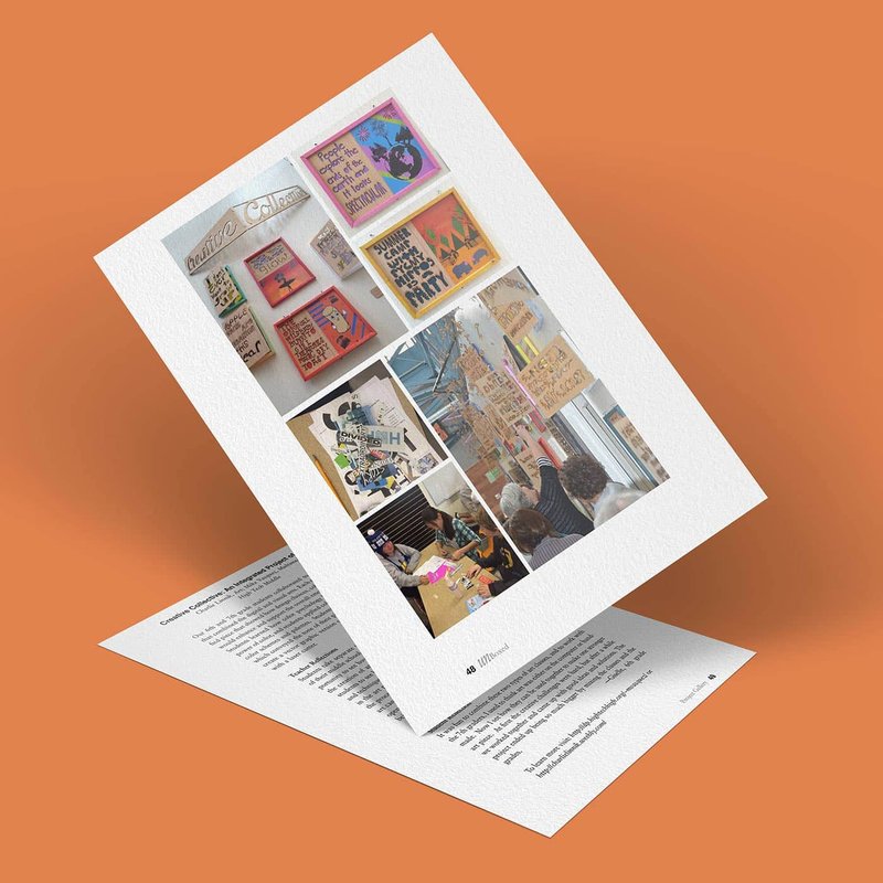 A brochure with an orange background showcases vibrant collage art, featuring posters and photos of a Creative Collective working together. The cover is slightly lifted, hinting at text about an Integrated Project on the page underneath.