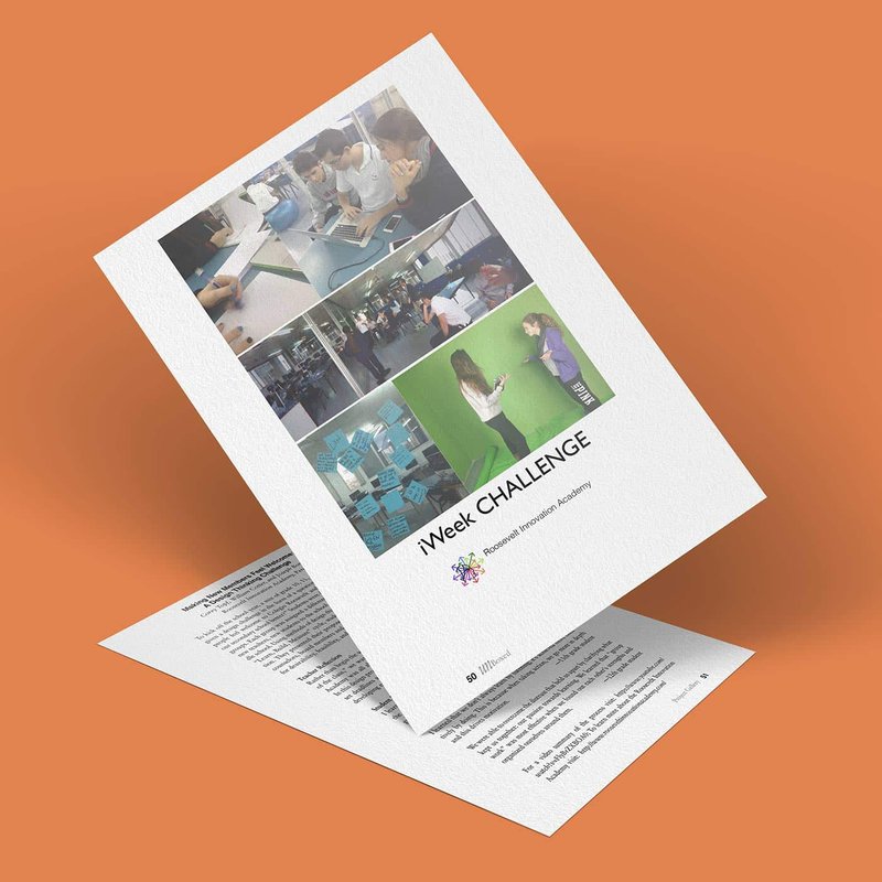 Two sheets of paper on an orange surface. The top sheet, titled iWeek CHALLENGE, showcases photos of people engaging in Design Thinking activities, complete with a logo and additional text. The bottom sheet reveals text but is partially obscured, enticing new members to explore further.